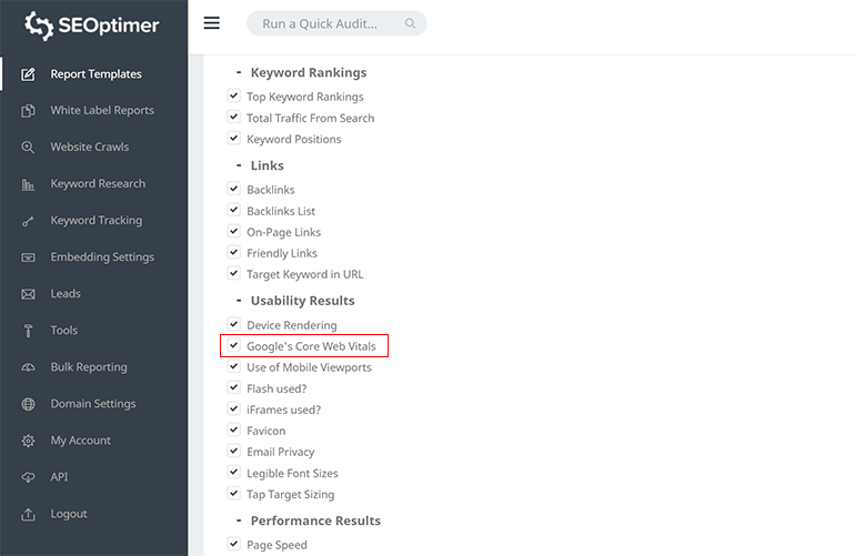 Core Web Vitals settings